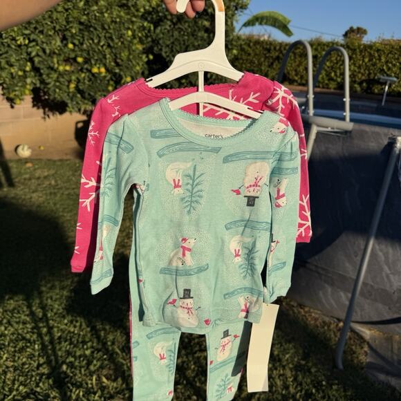 CARTER'S GIRLS PAJAMA SET COMBO 4 PCS 2 TOPS 2 PANTS CHRISTMAS PINK SIZE 12MO - Picture 2 of 5